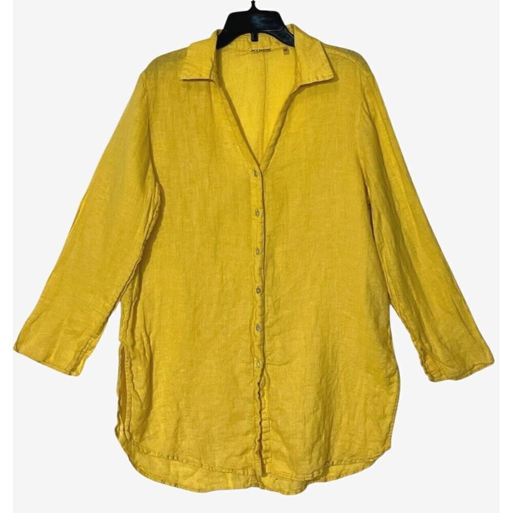 Elie Tahari Yellow 100% Linen Gauze Button Lagenlook Long Shirt Tunic Top